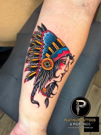 Traditional tattoo on the forearm by Jerson at Platinum Tattoos & Piercings, San Antonio TX