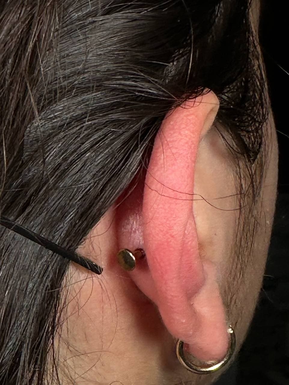 Helix piercing with initial long post before downsizing appointment — San Antonio
