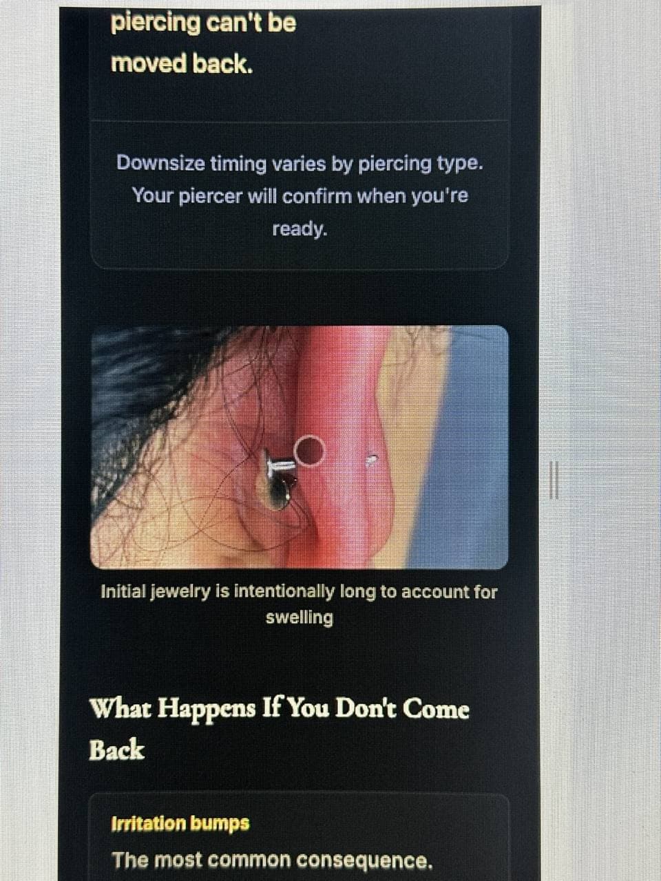 Fresh helix piercing with initial long post — shows why downsizing matters